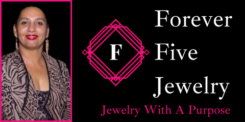Photo of CEO Heide Frazer next to Forever Five Jewelry logo and tagline Jewelry With A Purpose